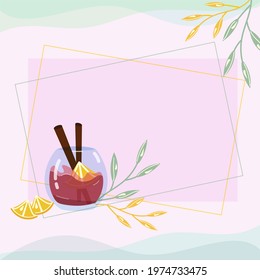 Mulled wine with lemon and cinnamon on a delicate pink background. A glass cup with a healthy drink - a cocktail or tea. Decorative vector postcard with place for text.