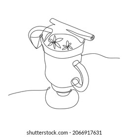 A Mulled Wine, line art. Vector black and white continuous line drawing of glass with hot mulled wine and cinnamon, orange. Sweet hot winter drink. Isolated linear illustration