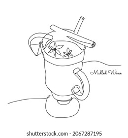 A Mulled Wine, line art. Vector black and white continuous line drawing of glass with hot mulled wine with a straw and cinnamon, orange. Sweet hot winter drink. Isolated linear illustration