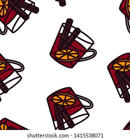 mulled wine line in glass with cinnamon and orange seamless pattern. Vector endless background of hot wine in a Cup with spices and citrus. Design printing on fabric, packaging, wrapping paper, etc