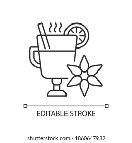 Mulled wine linear icon. Traditional holiday drink recipe. Wintertime beverage. Punch with spice. Thin line customizable illustration. Contour symbol. Vector isolated outline drawing. Editable stroke