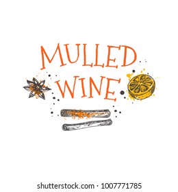 Mulled wine. Logo, icon and label for your design. Hand drawn doodle vector illustration. Can be used for menu, cafe, restaurant, bar, shop, emblem, sticker, badge.
