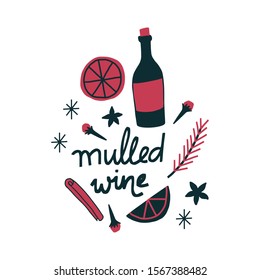 Mulled wine logo label. Isolated vector hand lettering type, mulled wine label, wine bottle, cloves, snowflakes, anise, oranges, cinnamon.