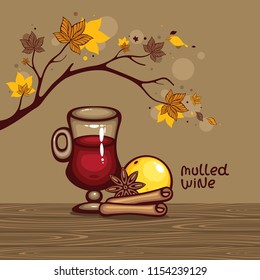 Mulled wine with maple branch vector illustration. Mug with orange, cinnamon and anise. Traditional spiced autumn drink. Menu and logo design.