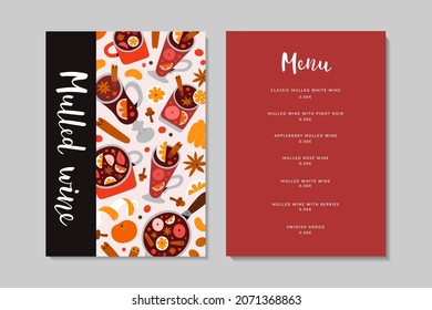 Mulled wine menu card template with price, hot spiced seasonal alcohol drinks, wine list, menu layout with modern cartoon illustrations, winter glintwine, design concept