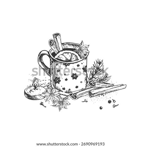 Mulled wine in a mug: a hand-drawn ink vector illustration. Black and white sketch with the hot drink, spices, cinnamon, anise, cloves, fir branches, and a candle. For Christmas cards and labels.