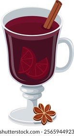 Mulled wine mug with orange slices, apple, anise and cinnamon stick. Mulled wine ingredients. Vector illustration in flat style