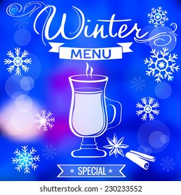 Mulled wine on blurred background. Winter menu template.