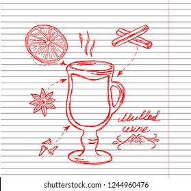 mulled wine on copybook background. Mulled wine set with glass of drink and hand drawn ingredients vector illustration.