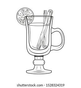 Mulled wine on white background. Sweet fruit. Xmas card. Vector holiday illustration. Cartoon style. Vector illustration. Isolated on white. Object for packaging, advertisements, menu. Black and white