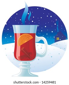 Mulled wine on the winter background
