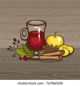 Mulled wine on wood background vector illustration. Mug with apple and spice. Christmas drink. Menu and logo design. Cozy mood.