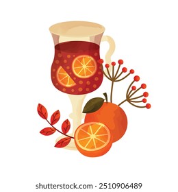 Mulled wine with orange, cinnamon and autumn botanical elements in watercolor style. Autumn vector illustration isolated on white background. 