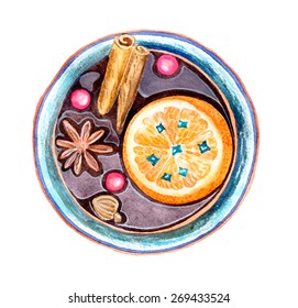Mulled wine with orange, cinnamon and cloves. Hand Drawn Vector Watercolor Illustration. Isolated on white background.