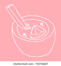 Mulled wine with orange peel vector illustration. Autumn drink. Doodle style. Design icon, print, logo, poster, symbol, decor, textile, paper, card. 