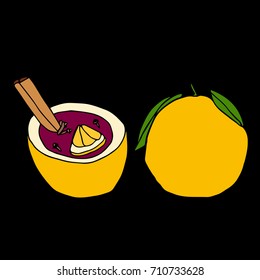 Mulled wine with orange peel vector illustration. Autumn drink. Doodle style. Design icon, print, logo, poster, symbol, decor, textile, paper, card. .
