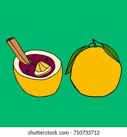 Mulled wine with orange peel vector illustration. Autumn drink. Doodle style. Design icon, print, logo, poster, symbol, decor, textile, paper, card. .