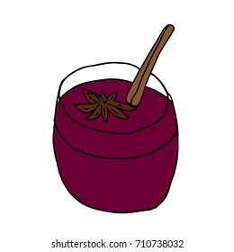 Mulled wine with orange peel vector illustration. Autumn drink. Doodle style. Design icon, print, logo, poster, symbol, decor, textile, paper, card. 