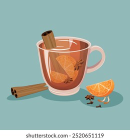 Mulled wine with orange slice, anise and cinnamon stick. Winter or Autumn hot drink with ingredients. Christmas holiday alcoholic cocktail. Vector Illustration