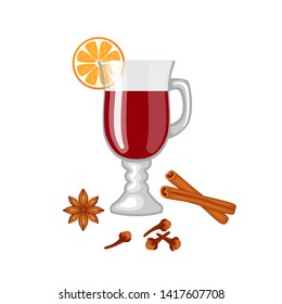 Mulled wine with orange slice gloves? cinnamon and star anise vector illustration isolated on white background. Winter beverage.