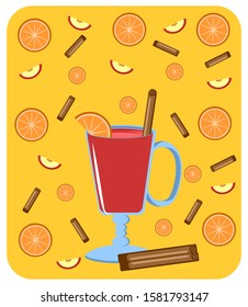 Mulled wine with orange slice and cinnamon stick. Can be used for menu, cafe and restaurant, postcard and poster.