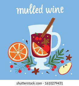 Mulled wine with orange slice and cinnamon stick. Cartoon style. Hand drawn vector flat illustration. 