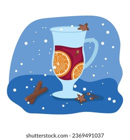 Mulled wine with orange slice and cinnamon stick. Vector illustration on a background of blue spots.