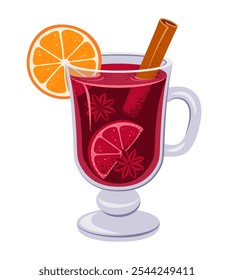 Mulled wine with orange slice, cinnamon stick and badian, star anise. Hot spicy drink isolated on transparent white background. Vector Illustration in flat style