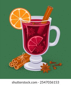 Mulled wine with orange slice, cinnamon sticks, dried cloves and badian, star anise. Hot spicy drink isolated on green background. Vector Illustration in trendy cartoon flat style