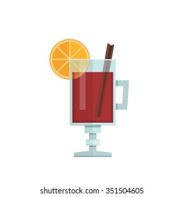 Wein mit orangefarbenem Slice und Zimtstift. Vektorgrafik, flacher Stil.