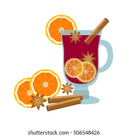 Mulled wine with orange slice and cinnamon stick, Vector Illustration.