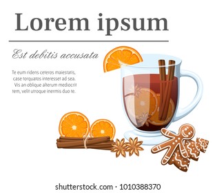 Mulled wine with orange slice gingerbread and cinnamon stick in a transparent cup vector illustration with place for your text isolated on white background