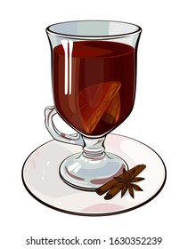Mulled wine with orange slice, star anise and cinnamon.