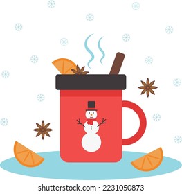 Mulled wine with orange slices, cinnamon and anice in red mug with snowman isolated on the white background with snowflakes. Winter season hot drink with ingredients. Christmas and New Year concept.