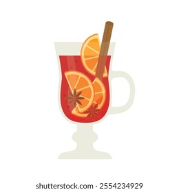 mulled wine with orange slices, cinnamon roll and clove - vector illustration