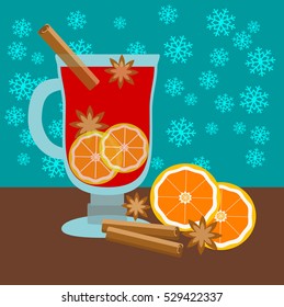 Mulled wine with orange slices and cinnamon sticks, Winter Mood, Vector Illustration