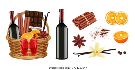 Mulled wine pack. Realistic christmas basket with wine cinnamon vanilla oranges. Isolated holiday gift vector illustration
