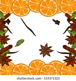 mulled wine pattern, frame, christmas drink, spices for mulled wine, a slice of orange
