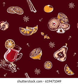 Mulled wine pattern with glass of drink and hand drawn ingredients. Vector illustration