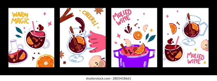 Mulled wine poster, greeting card, cover template set with f hot spiced wine, citrus slices, cinnamon sticks, star anise, winter spices, festive lettering and cozy holiday design in modern style