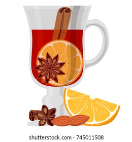 Mulled wine poster on white background. Bright colorful vector illustration with orange nuts and fragrant spices for gift card, flyer, certificate or banner.