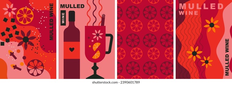 Mulled wine posters collection. Decorative abstract flat vector illustration, wine and spices. Red wine. Perfect background for menu, cover design. Spicy and healthy warm winter drink. Festive drink.