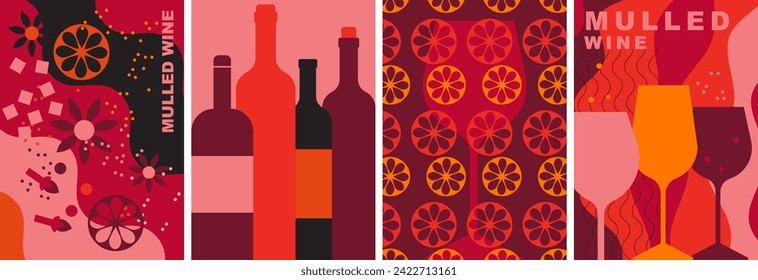 Mulled wine posters collection. Decorative abstract flat vector illustration, wine bottles, glasses,  spices. Red wine. Perfect background for menu, cover design, promotion. Festive drink, wine party.