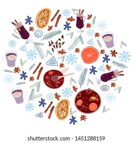 Mulled wine pot, spices, pine tree twigs in circle. Vector