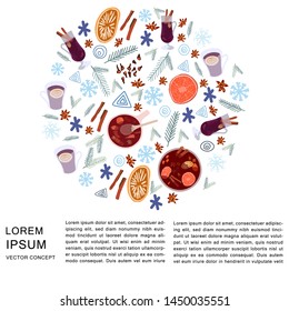 Mulled wine pot, spices and winter decor in round shape for text. Winter concept. White background. Vector