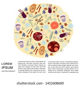 Mulled wine pot, spices and winter decor in circle shape. Vector