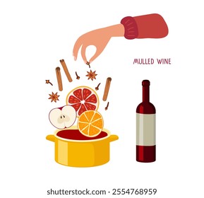 Mulled wine Preparation. Human Hand hand throwing Fruits and Spices into Saucepan for cooking Mulled Wine. Mulled wine ingredients. Organic food Recipes, winter homemade drink, cooking class, menu.