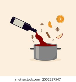 Vinho moído. Preparação inverno bebida alcoólica com vinho tinto, laranja, maçã, anis, canela, cravo. Ilustração vetorial em estilo plano
