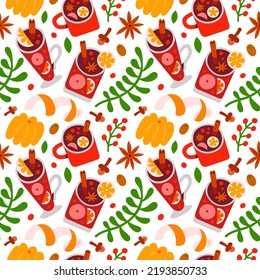 Mulled wine and punch alcoholic drinks, festive hot alcohol cocktails with spices, fruits and red wine, orange citrus, cinnamon, christmas traditional drinks, seamless pattern, hand drawn vector art