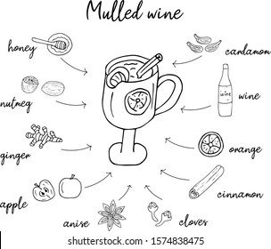 Mulled wine recipe in doodle style, hot drink in winter, poster for cafe, menu. Spice set, cardamom, cinnamon stick, nutmeg, anise star, honey, ginger, orange. Warming drink. illustration